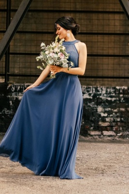 Halter Chiffon Long Wedding Party Dress Evening Swing Dress_1