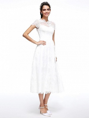 A-Line Wedding Dresses Jewel Neck Tea Length Lace Short Sleeve Simple Casual Illusion  Backless_3