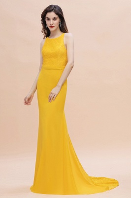Ярко-желтое платье для подружки невесты с жемчужным вырезом и длинным свадебным платьем без рукавов_5