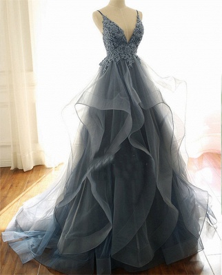 Gray Evening Dresses  Tulle V Neck Ruffles Long Spaghetti Lace Beading Prom Dress_2