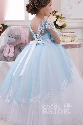 Halbarm Prinzessin Tüll Pegant Kleid für Kinder mit weißen Spitzenapplikationen_4
