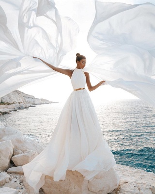 Белое шифоновое пляжное свадебное платье с лямкой на шее, длинное простое свадебное платье с разрезом_2