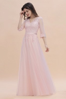 Romantic 3/4 Sleeves Pink Wedding Guest Dress Lace Appliques_4