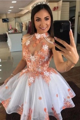 Cute Tulle Lace Short Prom Dress Halter Floral Cocktail Dress_2