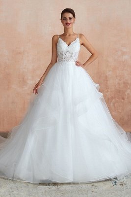 Camille | White Ball Gown Wedding Dress with Chapel Train, Spaghetti Strap See-through Lace up Bridal Gowns for Sale_2
