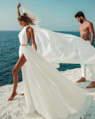 Белое шифоновое пляжное свадебное платье с лямкой на шее, длинное простое свадебное платье с разрезом_6
