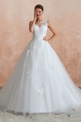 Каин | Белое свадебное платье с иллюзией и кружевными аппликациями, V-образный вырез без рукавов Дешевые свадебные платья онлайн_2
