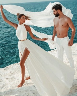 Белое шифоновое пляжное свадебное платье с лямкой на шее, длинное простое свадебное платье с разрезом_5