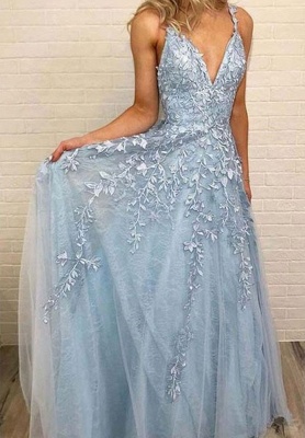Sky Blue Lace Prom Dresses Deep V Neck A Line Long Party Elegant Floor Length Women Evening Gowns_3