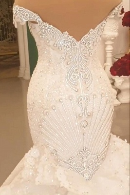 Роскошные свадебные платья русалки с открытыми плечами и бисером_5