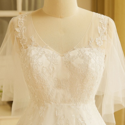 Elegant Plus Size Lace Wedding Dress A-line Floor Length V-neck Tulle Appliques Lace-up Poet Sleeves_7
