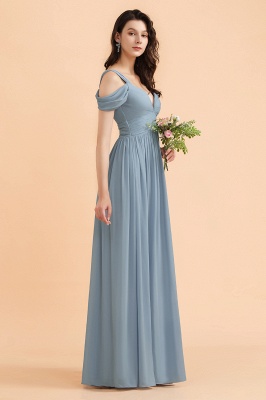 Grey Blue Off Shoulder Chiffon Bridesmaid Dress with Side Slit Straps Wedding Party Dress_5