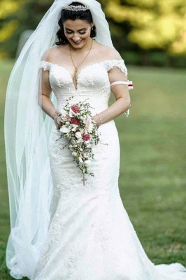 Off Shoulder White Garden Mermaid Bridal Gown_1