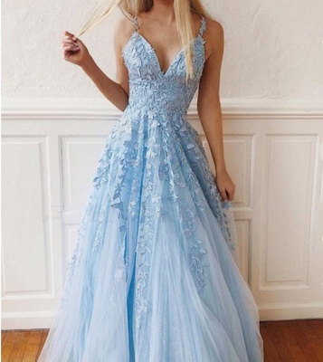 Sky Blue Lace Prom Dresses Deep V Neck A Line Long Party Elegant Floor Length Women Evening Gowns_2