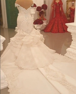 Роскошные свадебные платья русалки с открытыми плечами и бисером_9