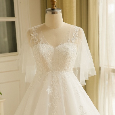 Elegant Plus Size Lace Wedding Dress A-line Floor Length V-neck Tulle Appliques Lace-up Poet Sleeves_4