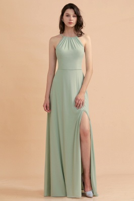 Halter Mint Green Aline Wedding Guest Dress Sleeveles Long Banquet Dress with Side Slit_7