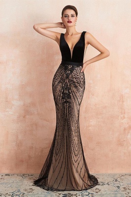 Atemberaubendes tiefes V-Ausschnitt schwarze Perlen Meerjungfrau Abendkleid ärmelloses Abendkleid_3
