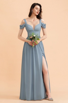 Grey Blue Off Shoulder Chiffon Bridesmaid Dress with Side Slit Straps Wedding Party Dress_4