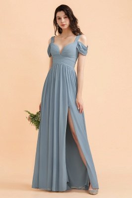 Серо-синее шифоновое платье с открытыми плечами для подружек невесты с боковыми разрезами Платье для свадебной вечеринки_6