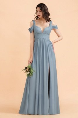 Серо-синее шифоновое платье с открытыми плечами для подружек невесты с боковыми разрезами Платье для свадебной вечеринки_1