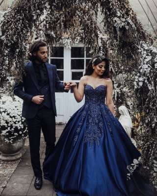 Vestido de festa de casamento de noiva encantador sem mangas em forma de coração azul marinho_5