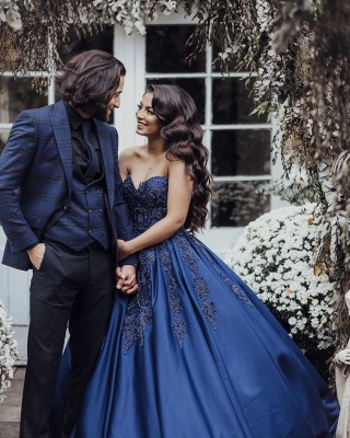 Vestido de festa de casamento de noiva encantador sem mangas em forma de coração azul marinho_2