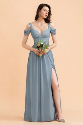 Серо-синее шифоновое платье с открытыми плечами для подружек невесты с боковыми разрезами Платье для свадебной вечеринки_4