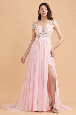 Vestido de dama de honor con apliques de encaje y mangas casquillo Vestido de fiesta de boda Aline de gasa rosa con abertura lateral_4