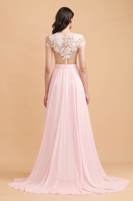 Vestido de dama de honor con apliques de encaje y mangas casquillo Vestido de fiesta de boda Aline de gasa rosa con abertura lateral_3