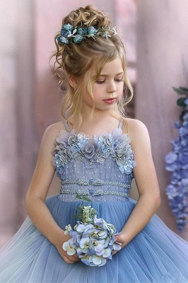 Robes de demoiselle d'honneur princesse sans bretelles mignonnes volants bleu poussiéreux_6