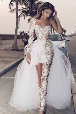 Elegant Lace Jumpsuit Asymmetirc See-through Overskirt White Wedding Dress_1