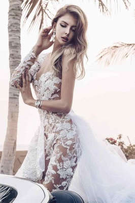 Elegant Lace Jumpsuit Asymmetirc See-through Overskirt White Wedding Dress_5