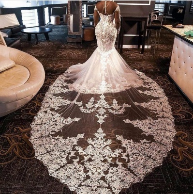 Vestido de novia de sirena de diamantes de imitación con apliques de mangas largas de lujo con tren de barrido_2