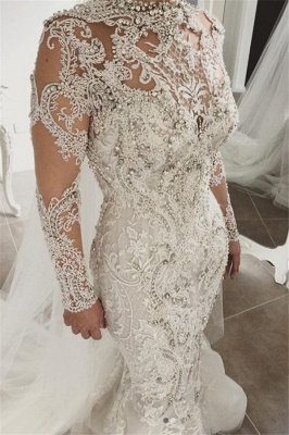 Elegant Mermaid Long Sleeves Lace High Neck Crystal Wedding Dresses | Sexy Beading Bridal Gowns With Buttons_1