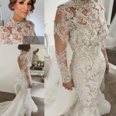 Elegant Mermaid Long Sleeves Lace High Neck Crystal Wedding Dresses | Sexy Beading Bridal Gowns With Buttons_4