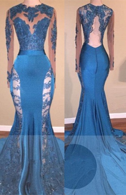 Long Sleeves Lace Appliques Open Back Brush Train Mermaid Prom Gowns_1