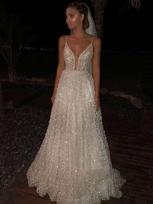 Sparkly White Spaghetti-Strap A-Line Sequins Wedding Dress | Shining Long Prom Gowns_1