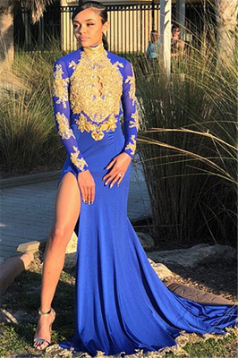 Sexy Split Open Back Gold Lace Prom Dress Online | High Neck Long Sleeve Royal Blue Evening Dress FB0372_1