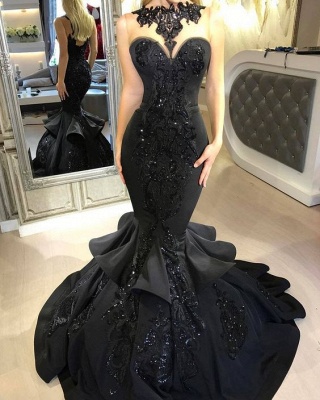 Sexy Black Mermaid Prom Dress Long Sequins Ruffles Party Gowns BA7654_1