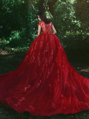 Elegante Red V-Neck Barato OverSkirt Lace Applique Prom Dresses_3