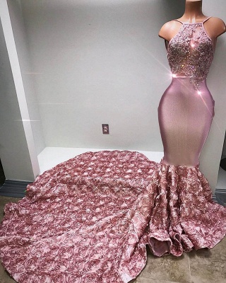 Glamorous Halter Mermaid Pink Prom Dress Lace With 3D-Floral Flowers Bottom BA7797_1