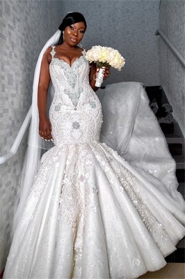 Robe de mariée chérie de luxe à bretelles spaghetti | Appliques de perles sirène robes de mariée BC4181_1