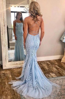 Elegant Sky Blue Spaghetti Strap Lace Applique Simple Long Prom Dress_4