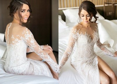 New Lace Full Split vestidos de casamento Illusion Voltar vestidos de noiva com saia de cetim destacável_3