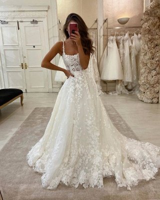 Glamorous Lace Appliques Spaghetti A-line Bridal Gowns Sweep Train Wedding Dress_2