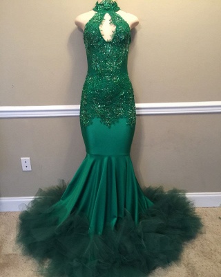 Elegant Beads Appliques Halter Prom Dresses | Fit and Flare Sleeveless Tulle Evening Gowns_2