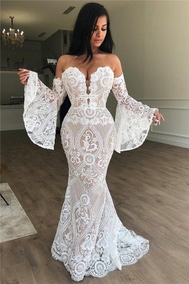 Off The Shoulder Lace Evening Dress Sexy | Strapless Bell Sleeves Prom Dresses Online_1