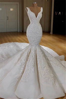 Vestidos de novia de encaje de sirena elegante en línea | Vestidos de novia puffy sin mangas 2021_1