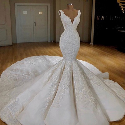 Sexy Mermaid Lace Wedding Dresses Online | Straps Luxury Bridal Gowns with Long Train_2